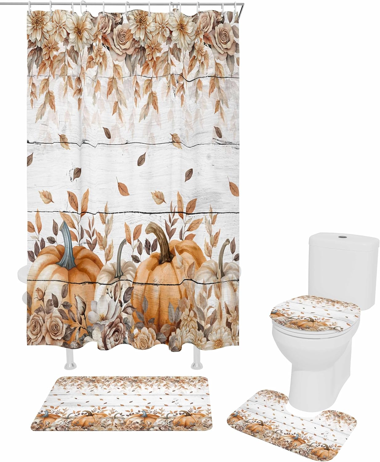 Fall Pumpkin 4 Pcs Waterproof Shower Curtain Set with Non-Slip Rugs and Mats