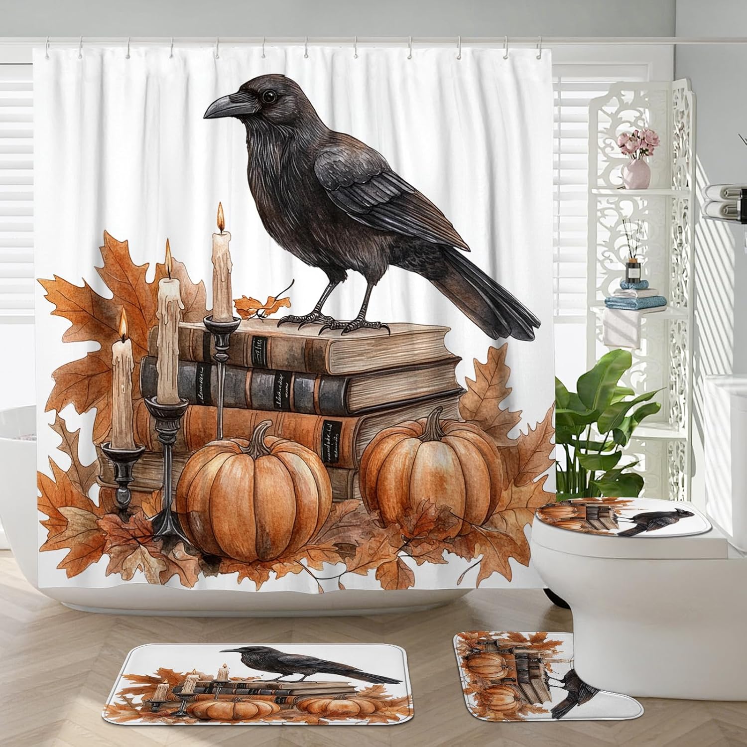 DESIHOM 4PCS Fall Crow Ravens Bird Shower Curtain Set with Non-Slip Rug and Hooks