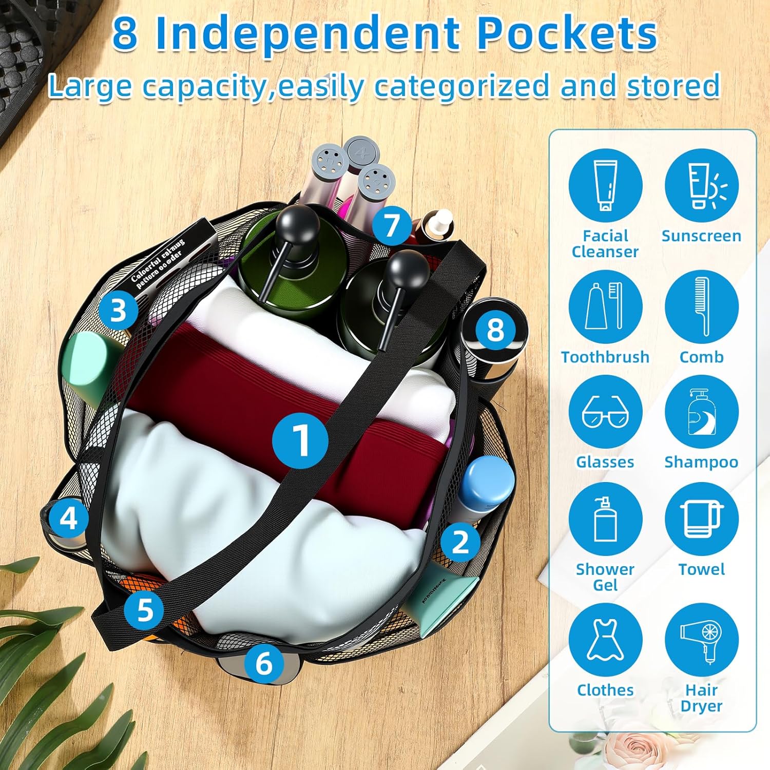 2 Pcs Mesh Shower Caddy and Non-Slip Slippers for Dorm Beach Pool Gym