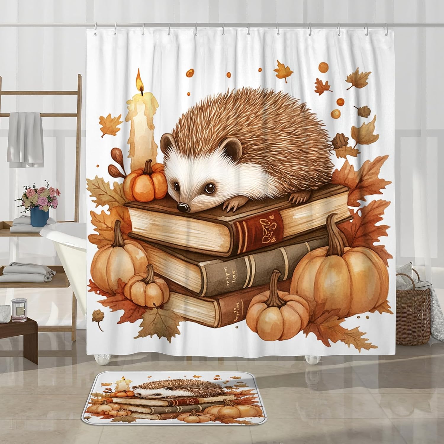 DESIHOM 4PCS Fall Hedgehog Shower Curtain Set with Hooks Bath Mat U Shape and Toilet Lid Cover Mat