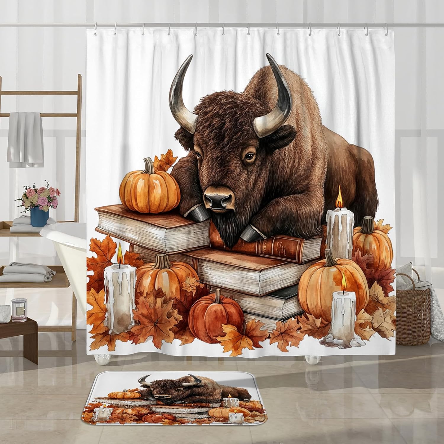 DESIHOM 4PCS Fall Bisons Pumpkins Shower Curtain Set with Hooks and Non-Slip Rug