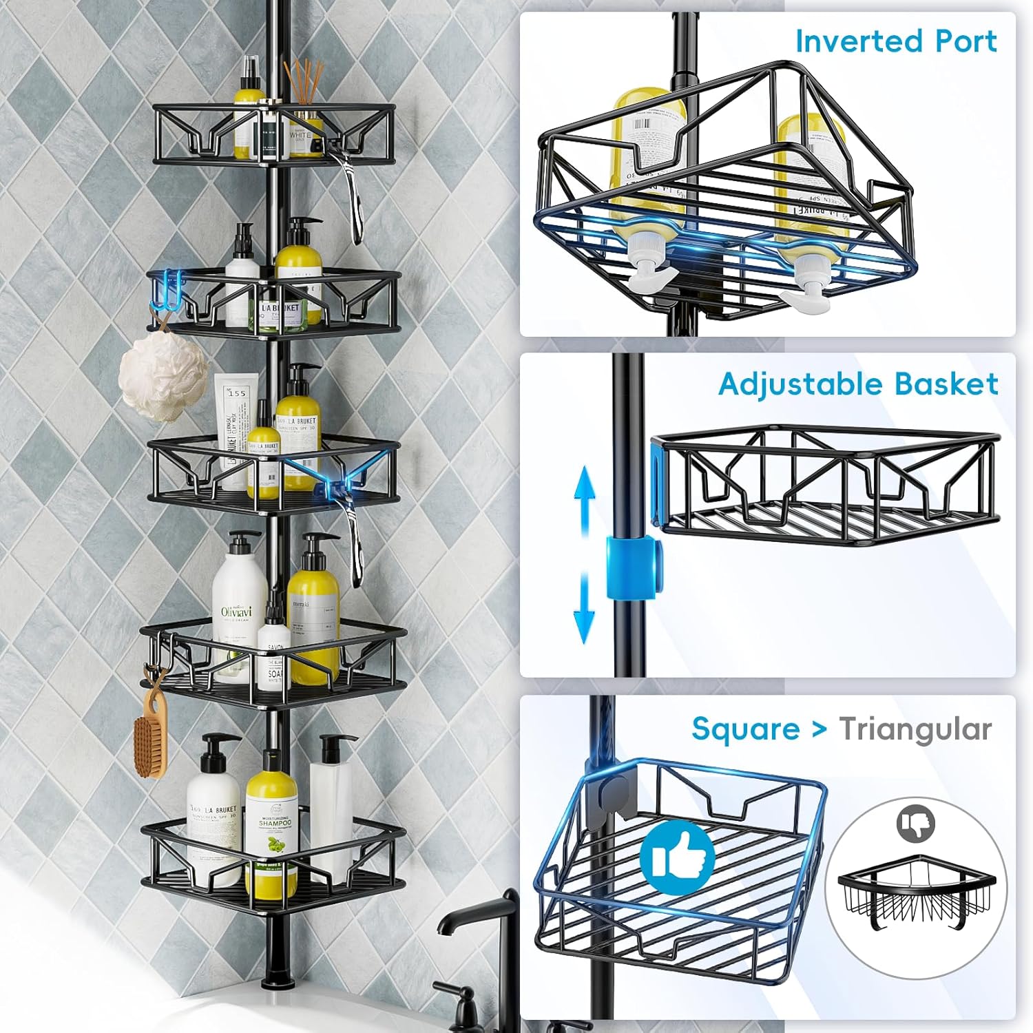 Skycarper 5 Tier Adjustable Corner Shower Caddy Organizer with Hooks Black