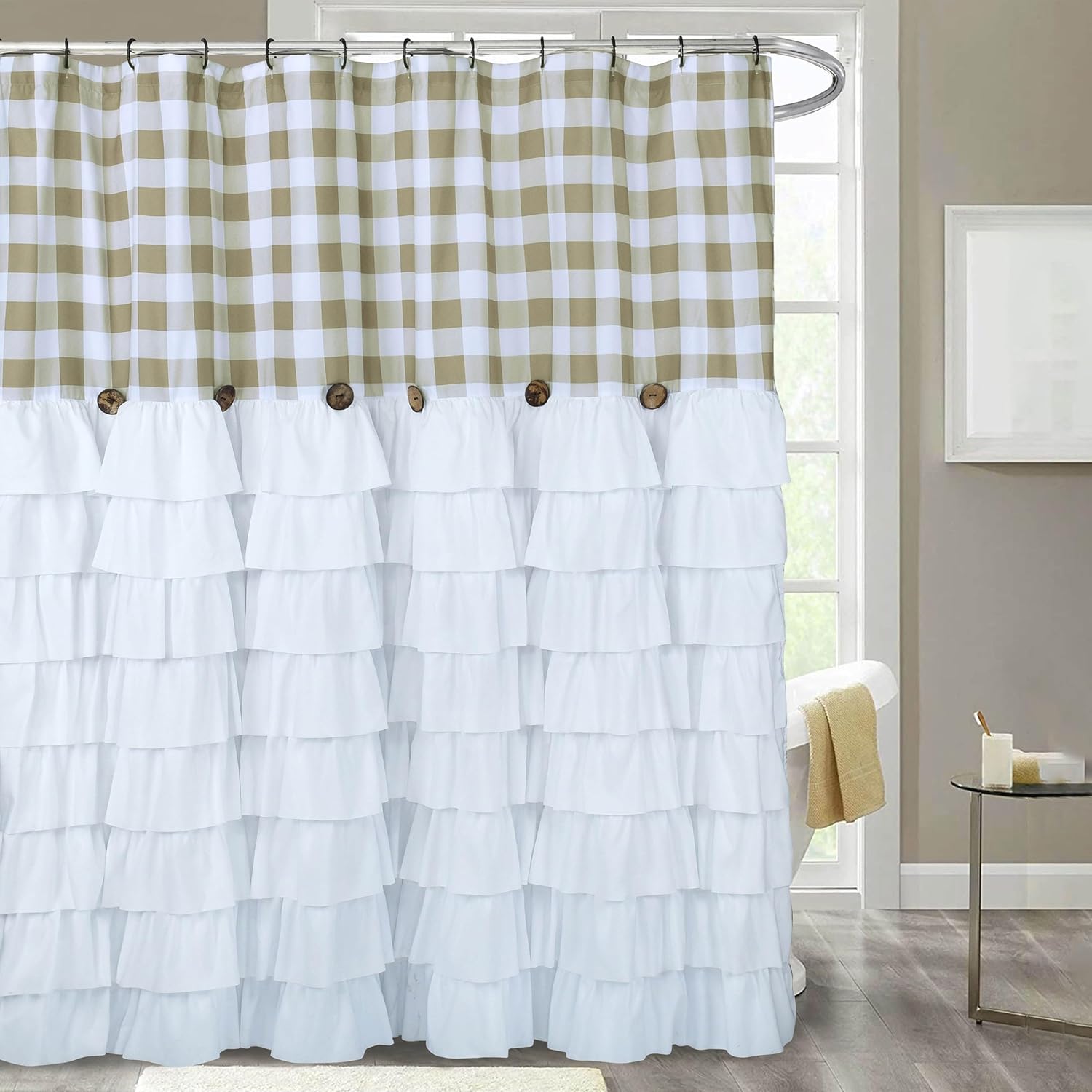 72 x 72in Farmhouse Ruffled Shower Curtain with Vintage Buttons