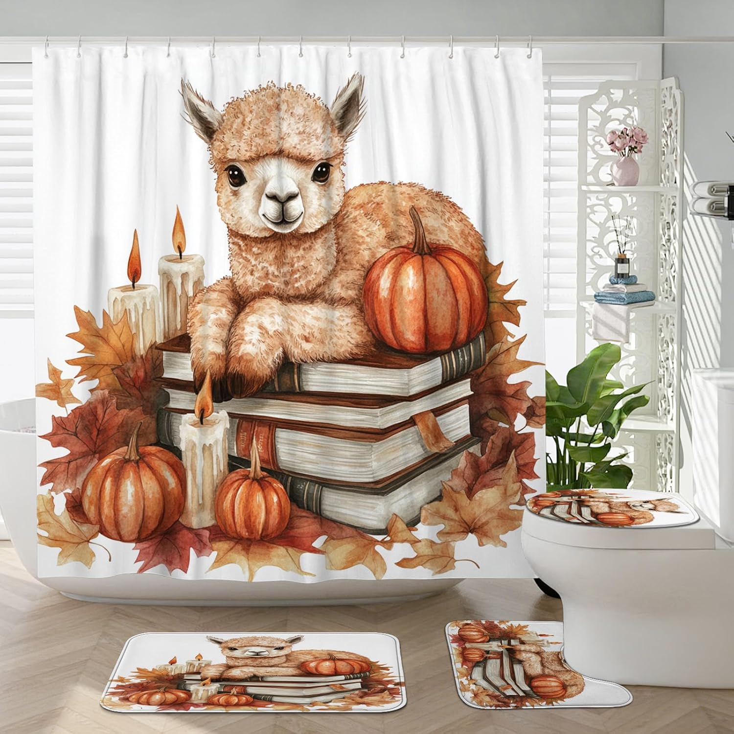 DESIHOM 4PCS Fall Alpaca Llama Shower Curtain Set with Hooks and Non-Slip Mat