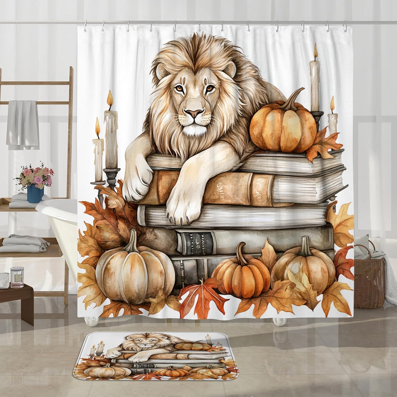 4PCS Fall Lion Pumpkins Shower Curtain Set with Non-Slip Rug and Toilet Mat