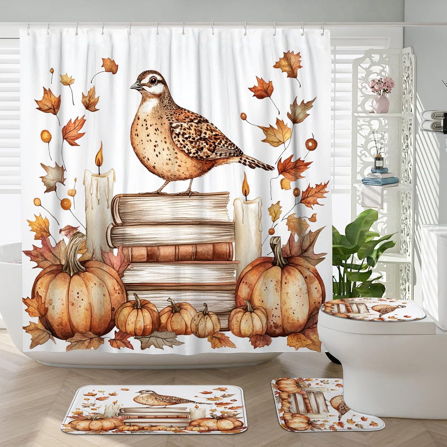 DESIHOM 4PCS Fall Quail Bird Shower Curtain Set with Hooks and Non-Slip Rug