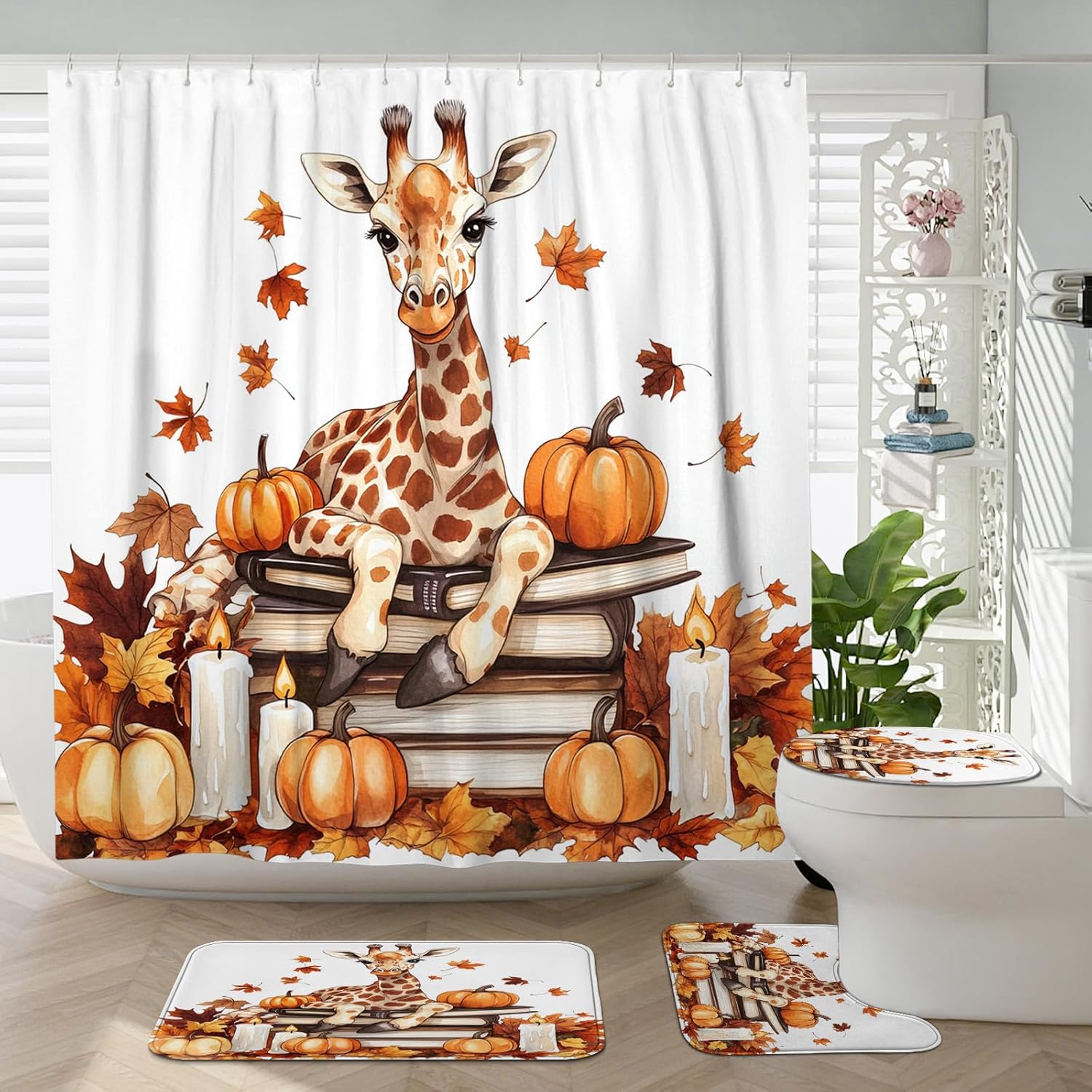 DESIHOM 4PCS Fall Giraffe Pumpkins Shower Curtain Set with Hooks and Non-Slip Rug
