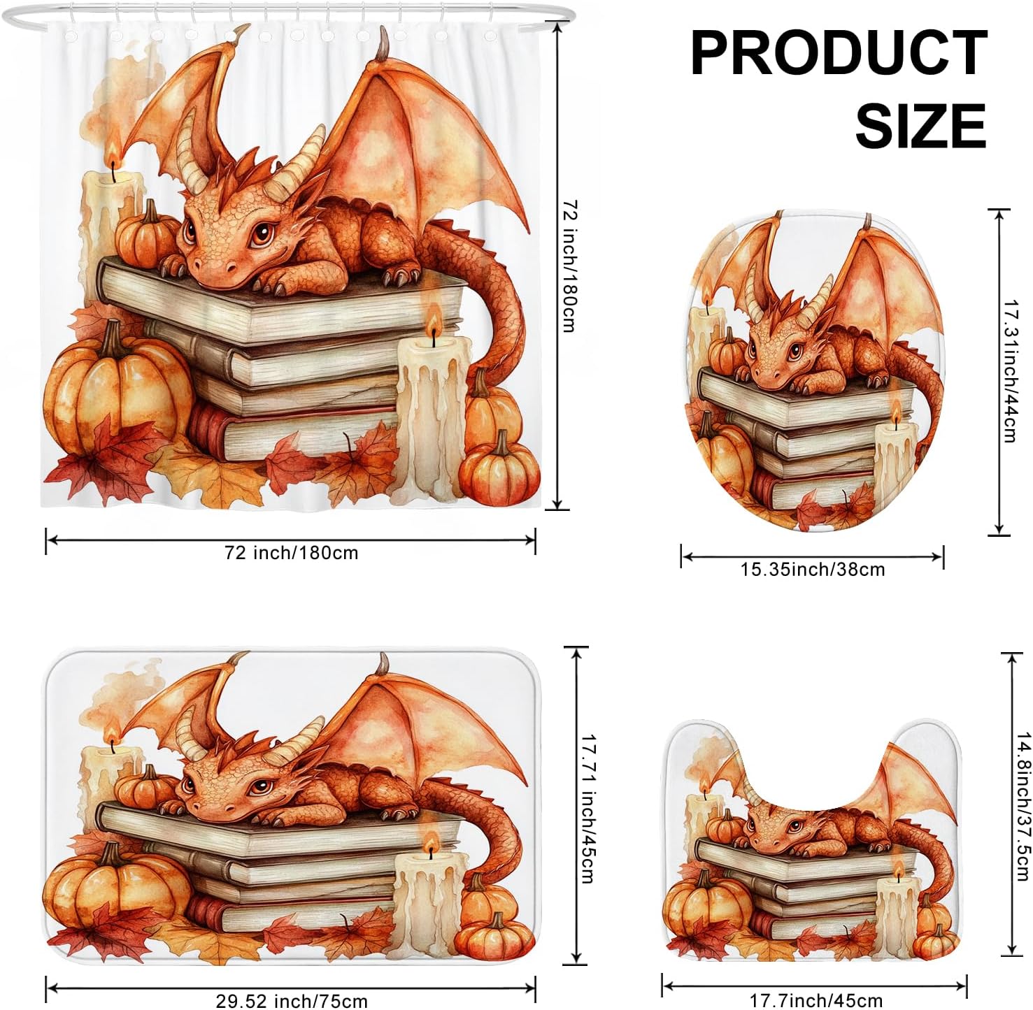 4PCS Fall Dragons Pumpkins Shower Curtain Set with Non Slip Rug and Toilet Lid Cover Mat