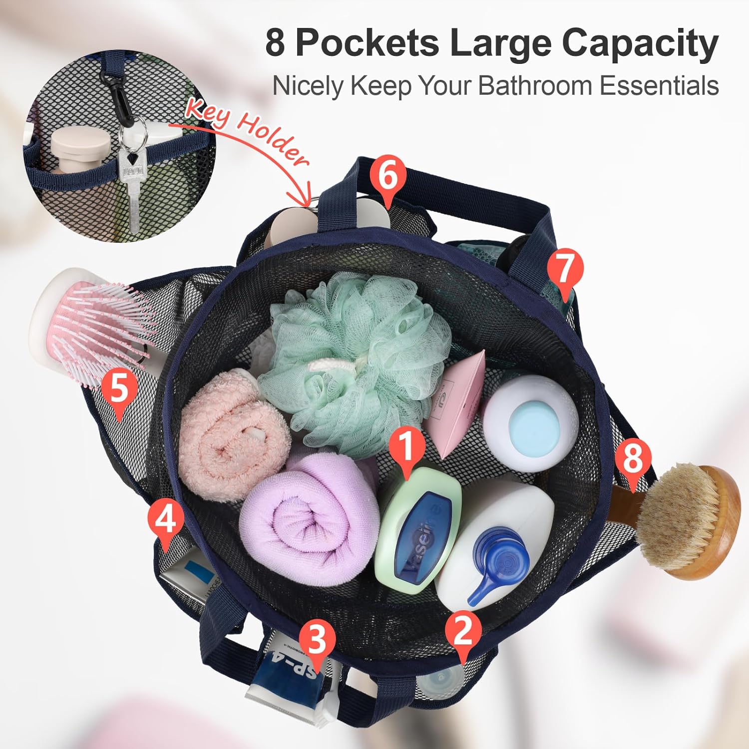 F-color Mesh Shower Caddy with Drawstring and 7 Pockets 1