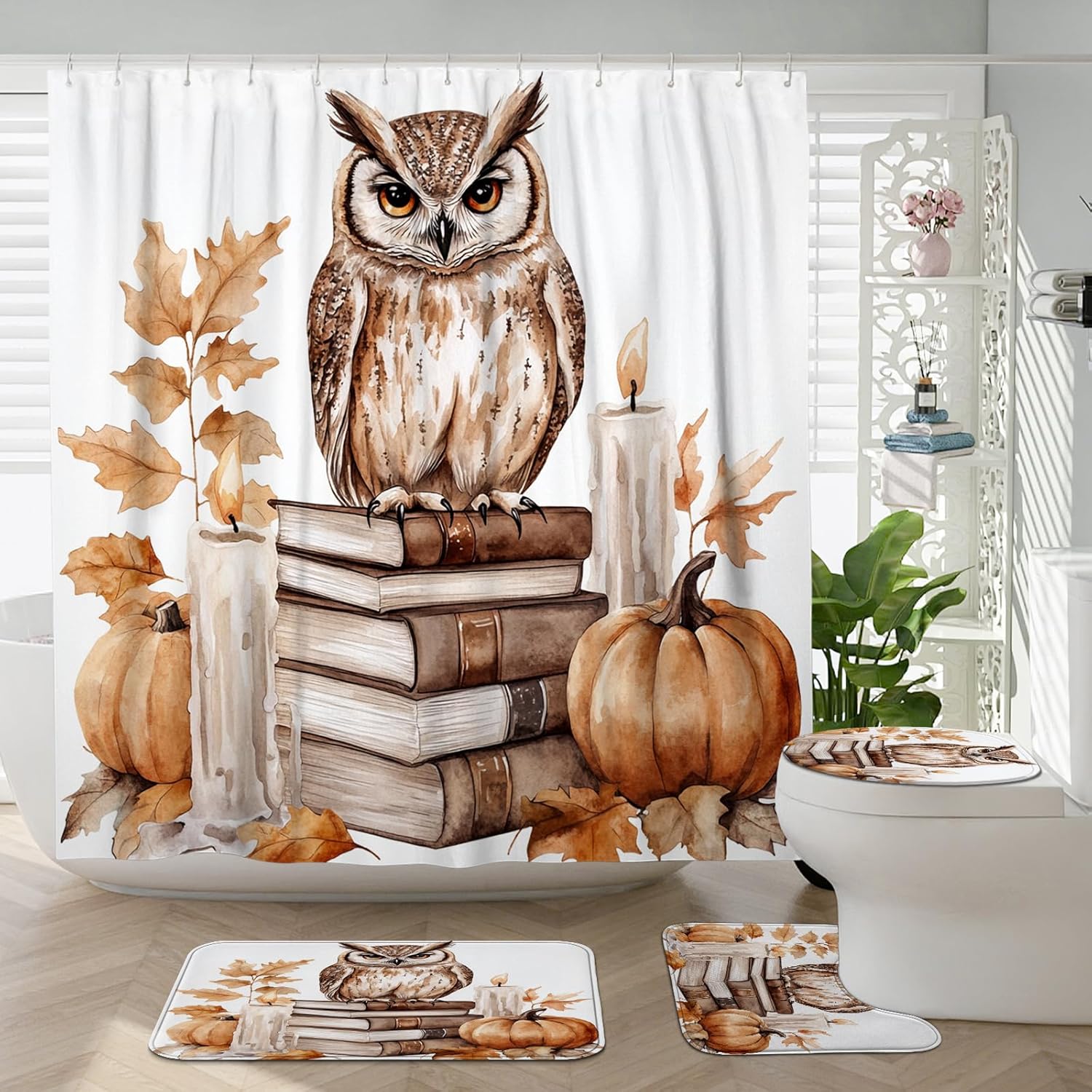 DESIHOM 4PCS Fall Owl Bird Shower Curtain Set with Non-Slip Rug and 12 Hooks