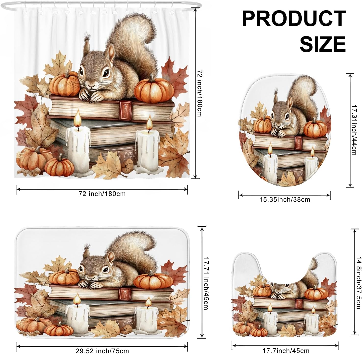DESIHOM 4PCS Fall Squirrel Shower Curtain Set with Non-Slip Rug and Toilet Lid Cover Mat