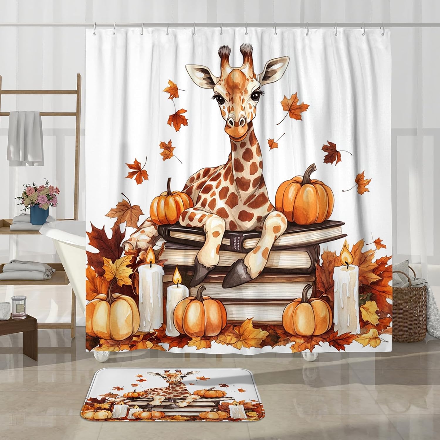 DESIHOM 4PCS Fall Giraffe Pumpkins Shower Curtain Set with Hooks and Non-Slip Rug