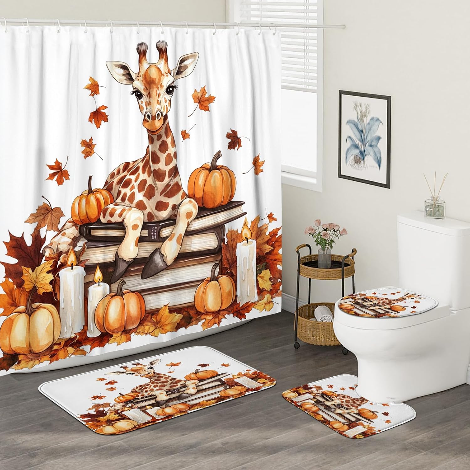DESIHOM 4PCS Fall Giraffe Pumpkins Shower Curtain Set with Hooks and Non-Slip Rug