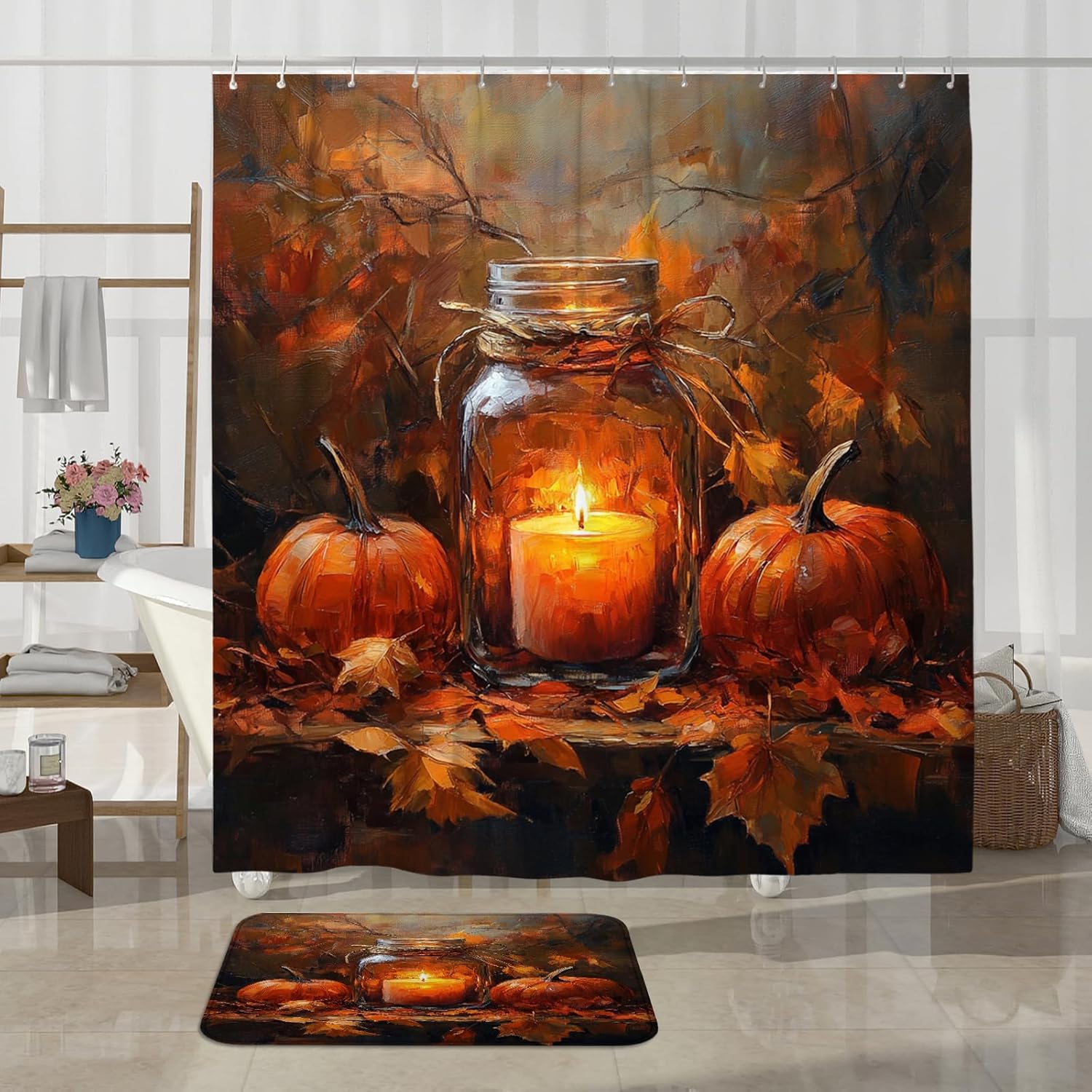 DESIHOM 4PCS Fall Mason Jar Candle Shower Curtain Set with Hooks and Bath Mat