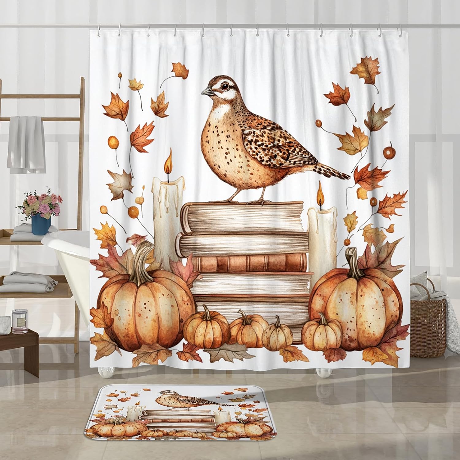 DESIHOM 4PCS Fall Quail Bird Shower Curtain Set with Hooks and Non-Slip Rug