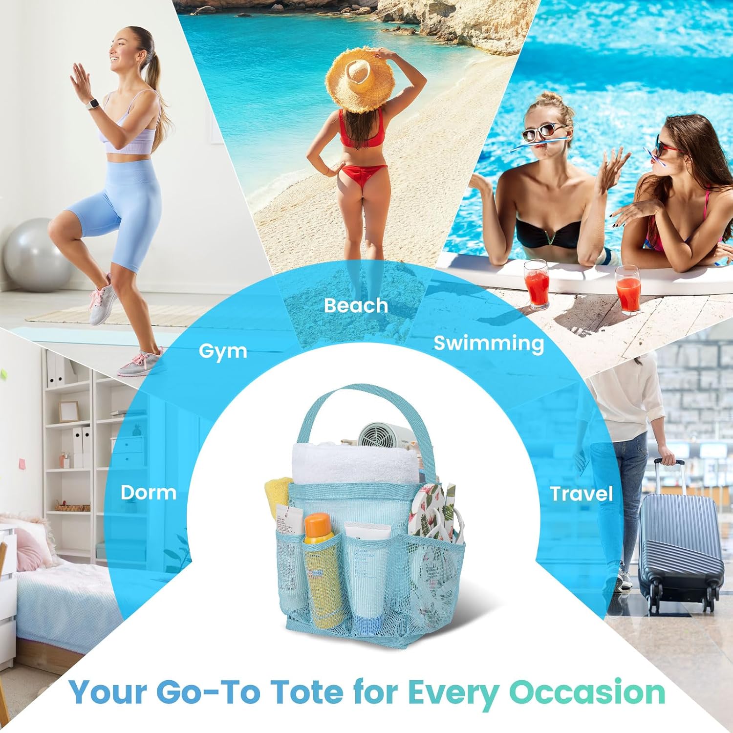 Portable Shower Caddy with 9 Pockets for Dorm Room and Travel Blue