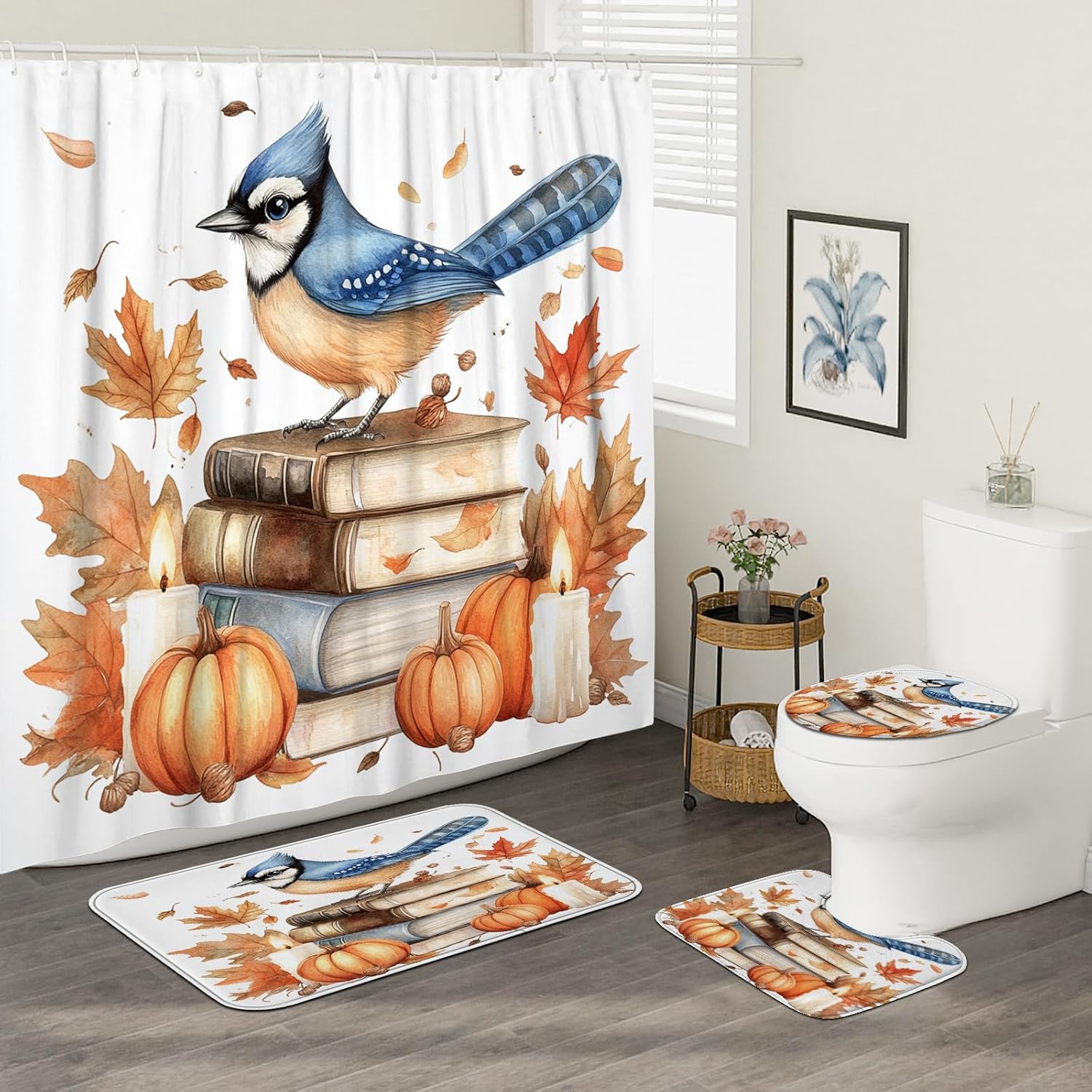 DESIHOM 4PCS Fall Blue Jay Bird Shower Curtain Set with Non-Slip Rug and Hooks