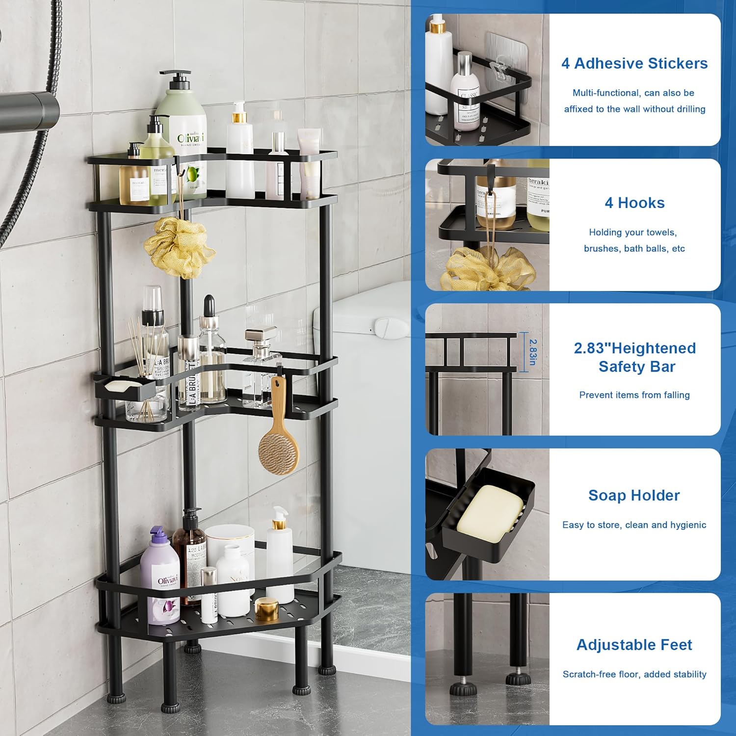 FJNATINH Corner Shower Caddy - 3 Tier Metal Organizer Stand for Bathroom